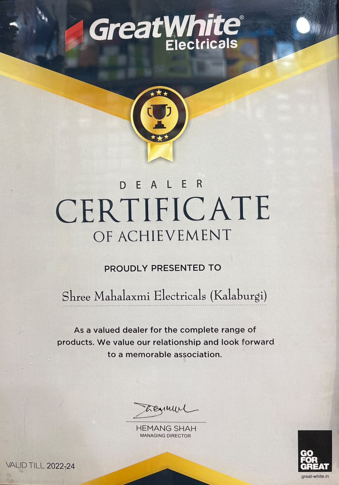 GreatWhite Electricals Dealership Certificate