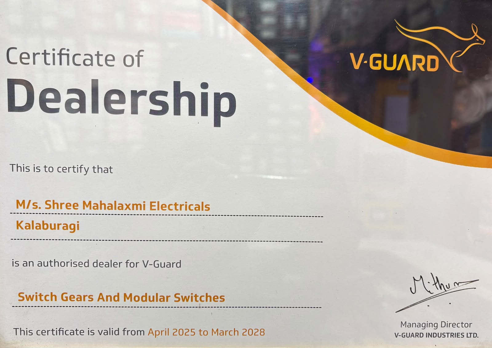 V-Guard Certificate of Dealership 2025-2028